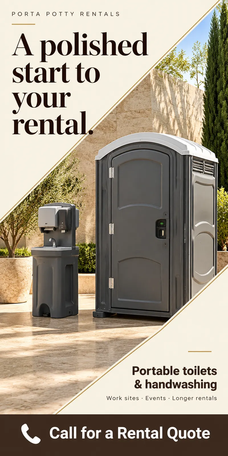 Gray portable toilet and separate handwashing station in an ivory architectural setting